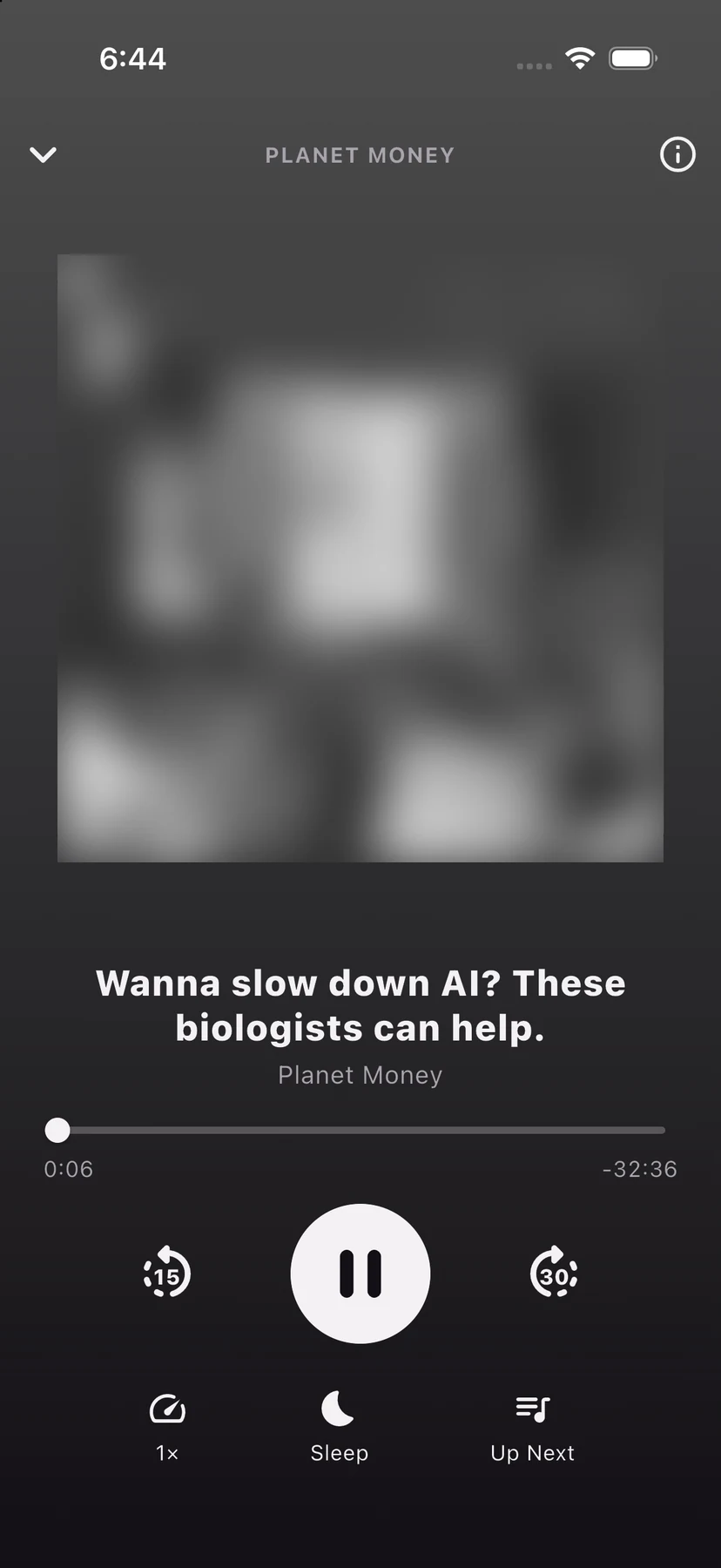 Now Playing on iPhone for an audio episode: artwork, progress, skip back 15 and forward 30, speed, sleep timer and Up Next